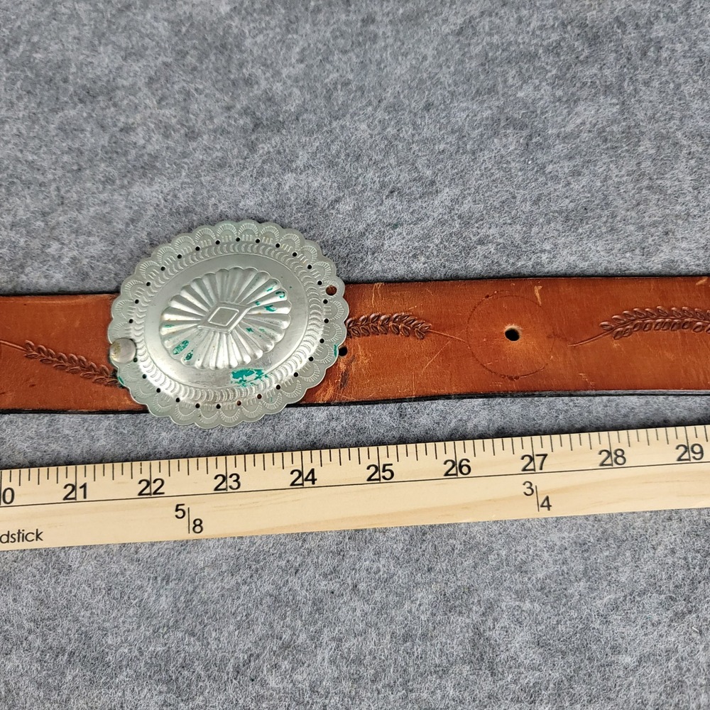 Vintage Western Leather Concho Belt Tan Tooled Floral Southwest Silver Tone 35in - Picture 7 of 10